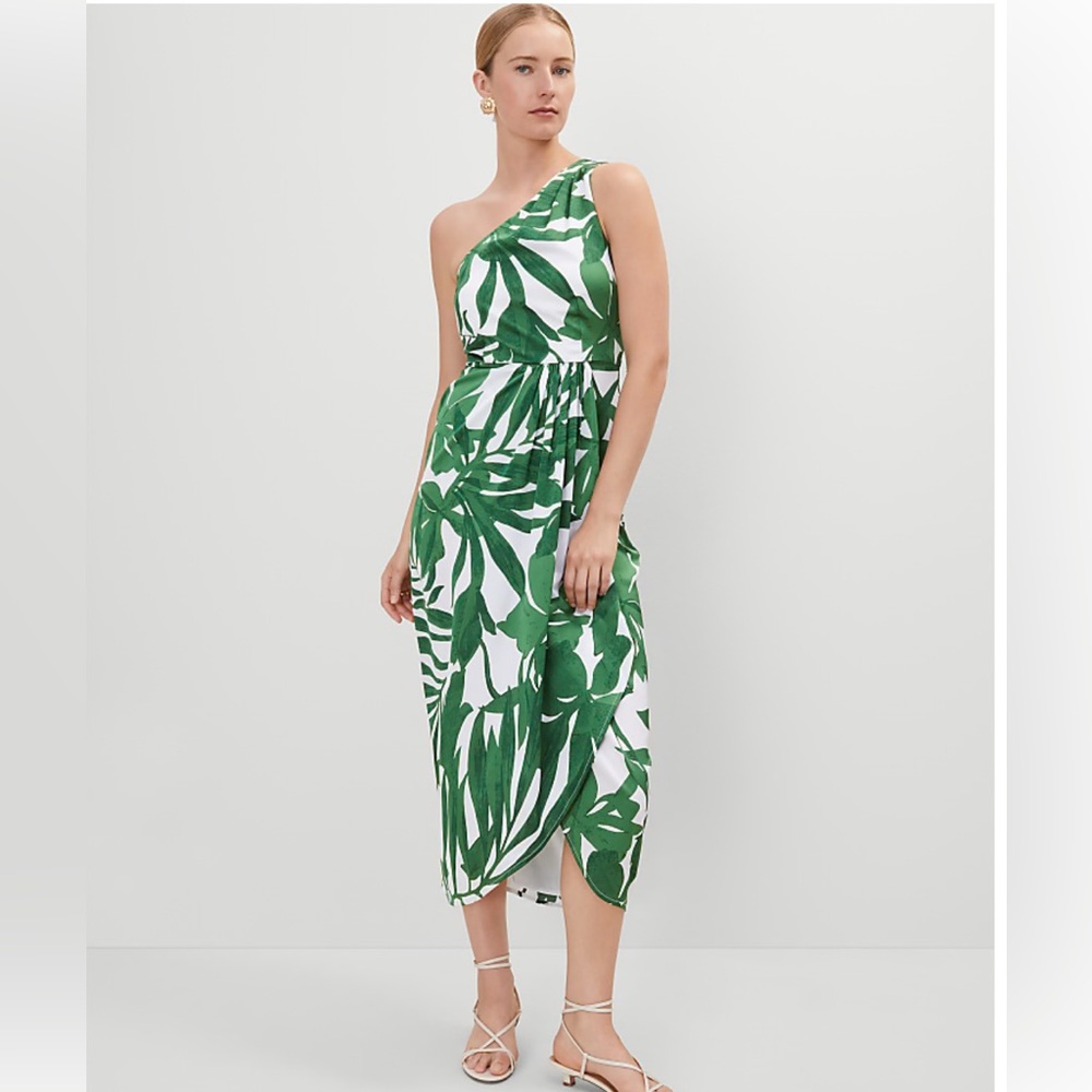 Ann Taylor One-Shoulder White Dress with Green Leaf Print
